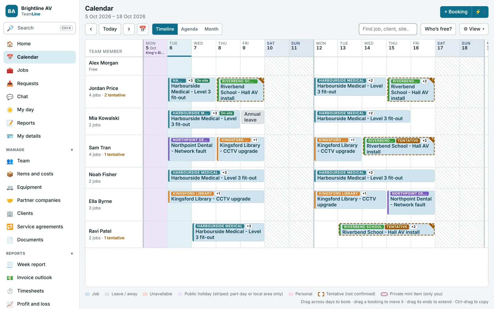 TeamLine calendar: a two-week timeline of seven team members booked across four client jobs, with tentative bookings outlined and a public holiday shaded