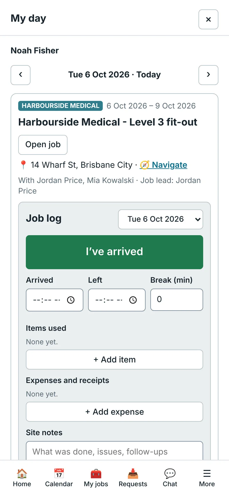 TeamLine on a phone: a technician's My day screen with the site address, who else is on the job, and a large I've arrived button